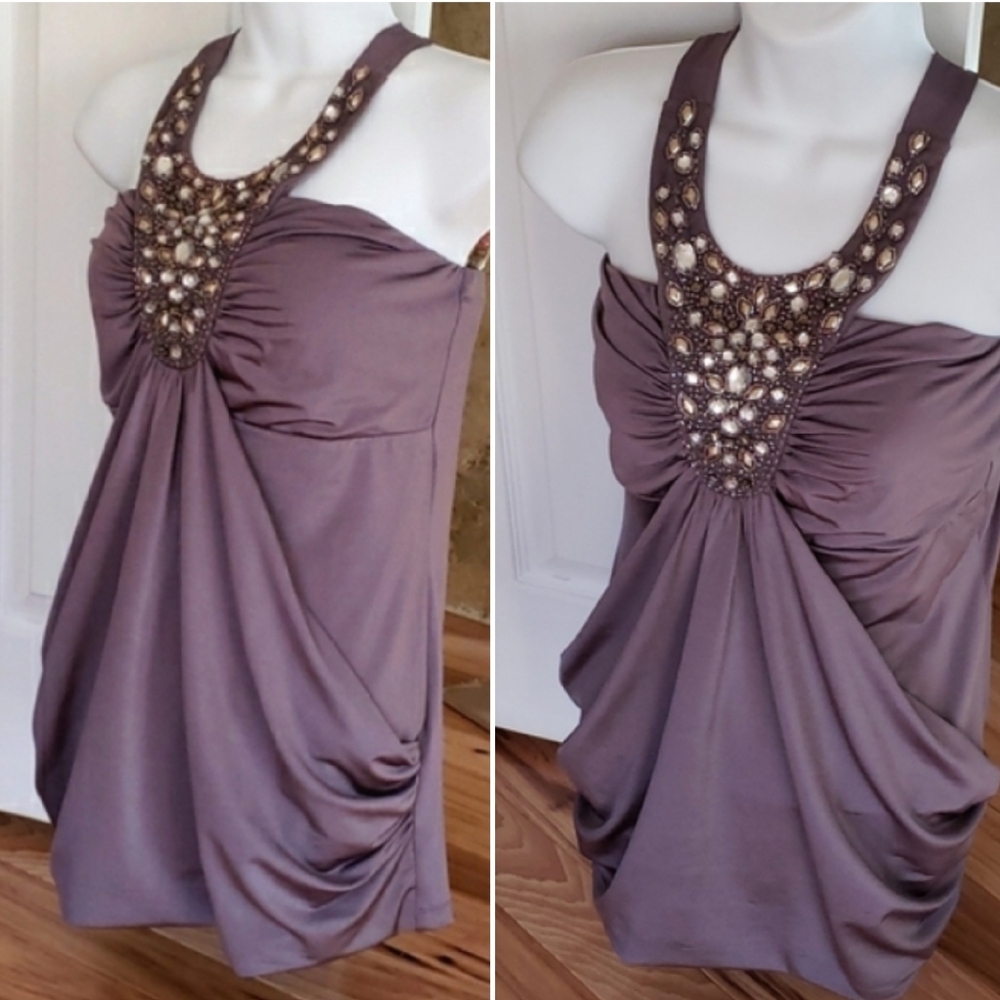 Studio Y Flattering Blouse Crystal Neckline with ties purplish gray New